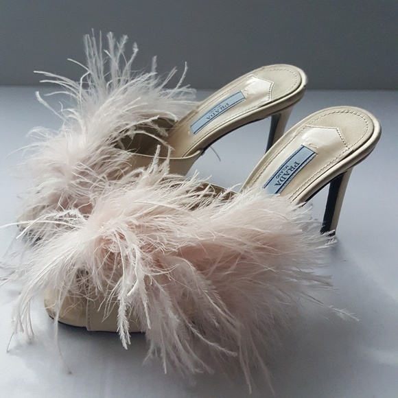 prada heels with feathers